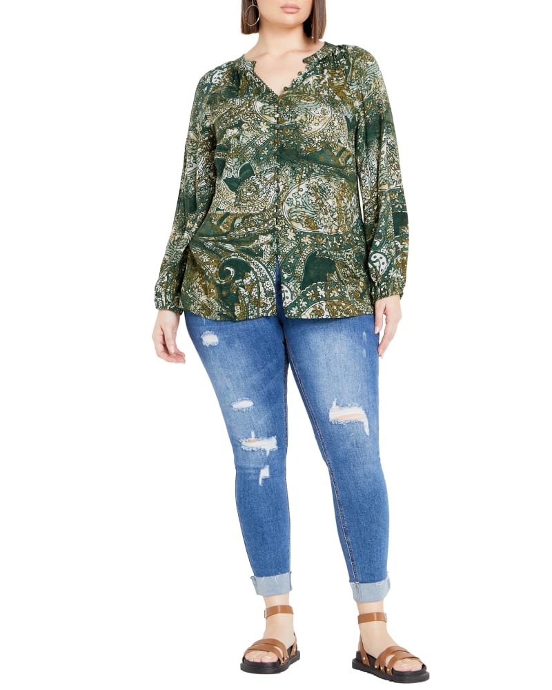 Front of a model wearing a size 20 SHIRT LADY LUXE in Paisley Charm by Arna York. | dia_product_style_image_id:300230